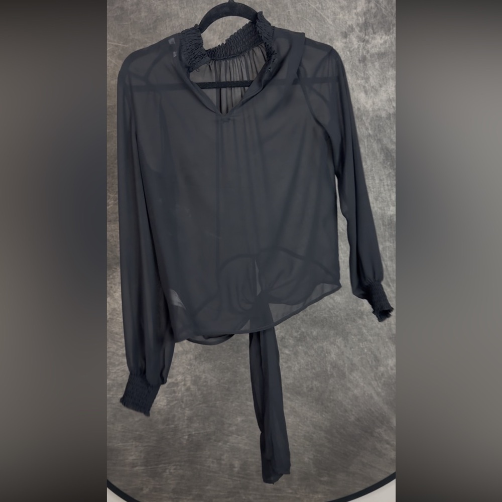Express Sheer Tie-Front Blouse / Black Smocked Collar / S